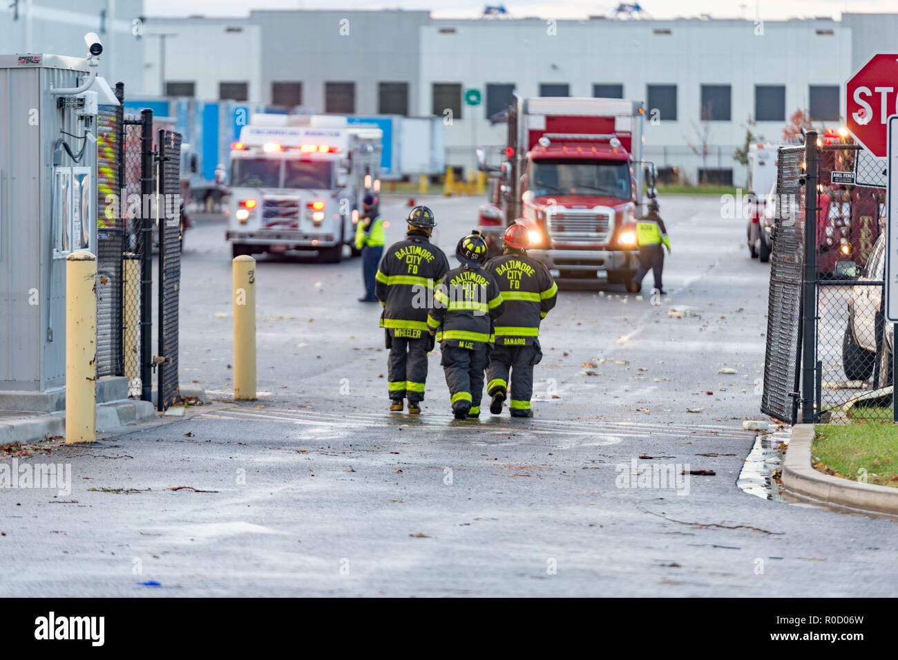 Baltimore, Maryland, USA. 3rd Nov, 2018. Extensive damage can be seen at  the Amazon fulfillment center in Baltimore after sunrise Saturday morning.  The damage is a result of a severe weather event
