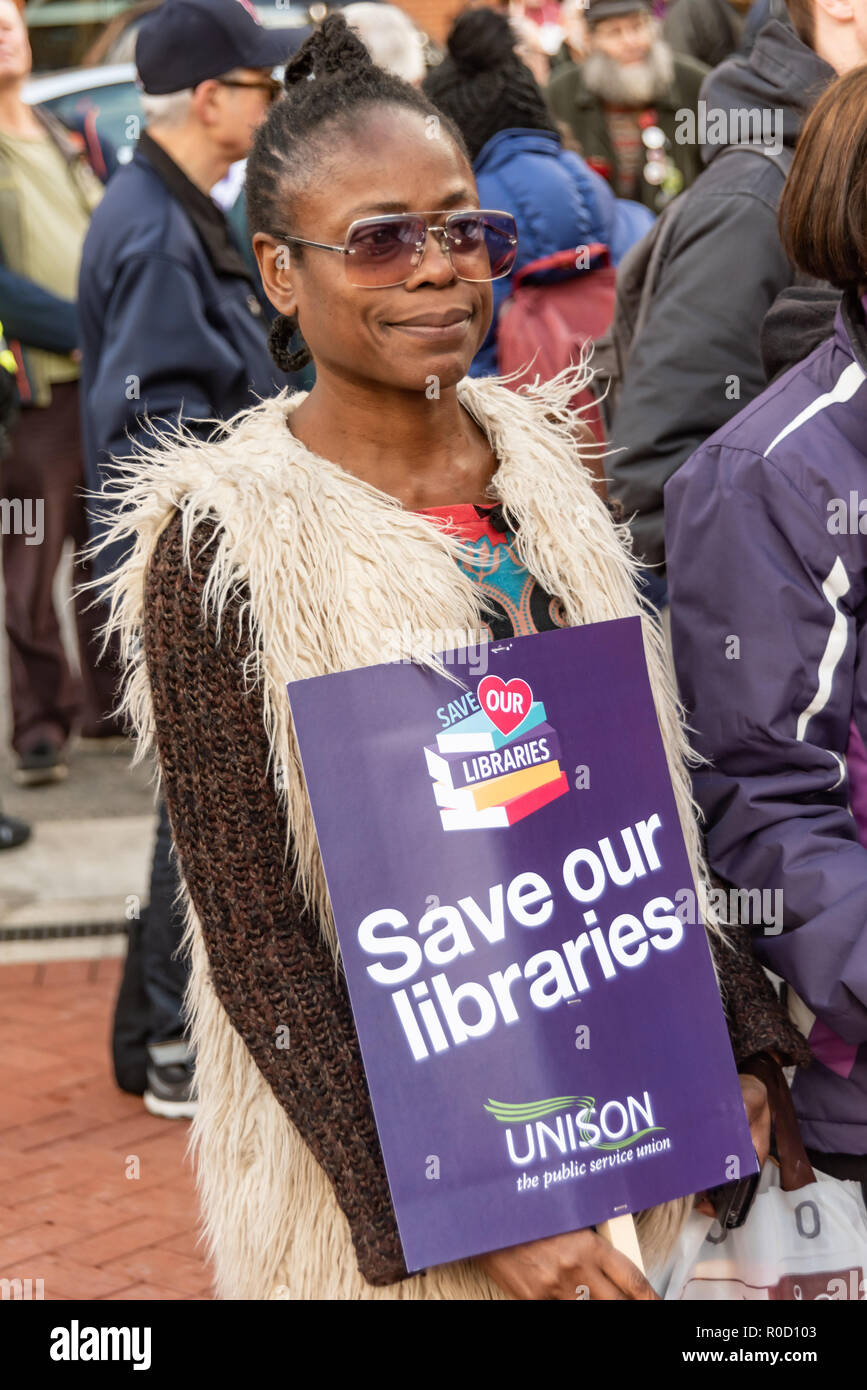 London, UK. 3rd Nov, 2018. People gather at the British Library for a march and rally against cuts in library services, which are a vital part of our cultural services, especially for working class schoolchildren and young people. Over 100 libraries closed in 2017 and we need the Government to take action to stop and reverse library cuts. The event in support of libraries, museums and cultural services was organised by Unison and supported by PCS and Unite. Unfortunately I had to leave before the march to a rally at Parliament began. Credit: Peter Marshall/Alamy Live News Stock Photo