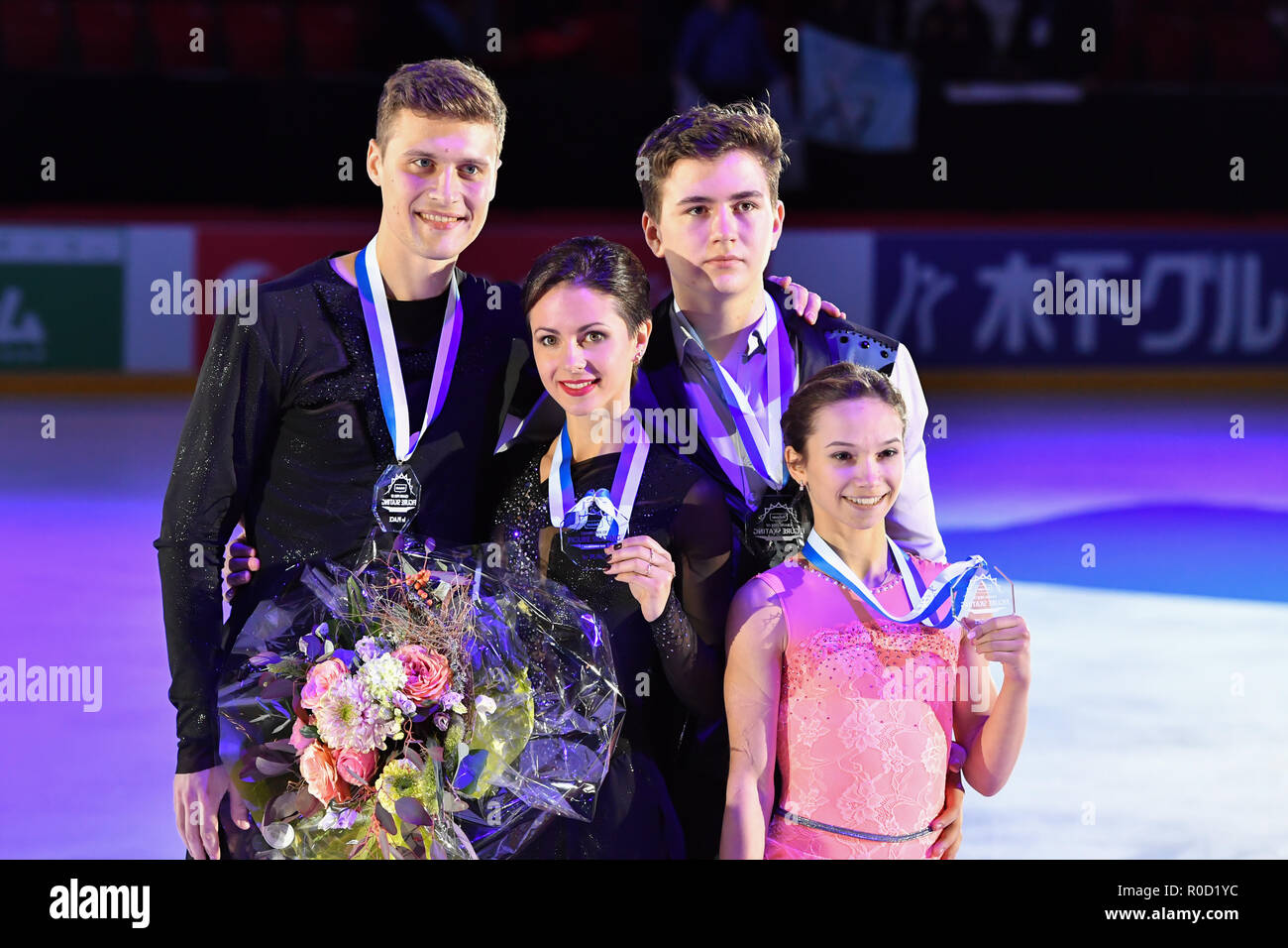 Helsinki, Finland. 3rd November, 2018. Natalia Zabiiako / Alexander Enbert (RUS) and Daria Pavliuchenko / Denis Khodykin (RUS) during Victory Ceremonies - Ice Dance, Ladies and Pairs of the ISU GP of Figure Skating Helsinki 2018 at Helsinki Ice Hall (Helsingin Jaahalli) on Saturday, 03 November 2018. HELSINKI .  (Editorial use only, license required for commercial use. No use in betting, games or a single club/league/player publications.) Credit: Taka Wu/Alamy Live News Stock Photo