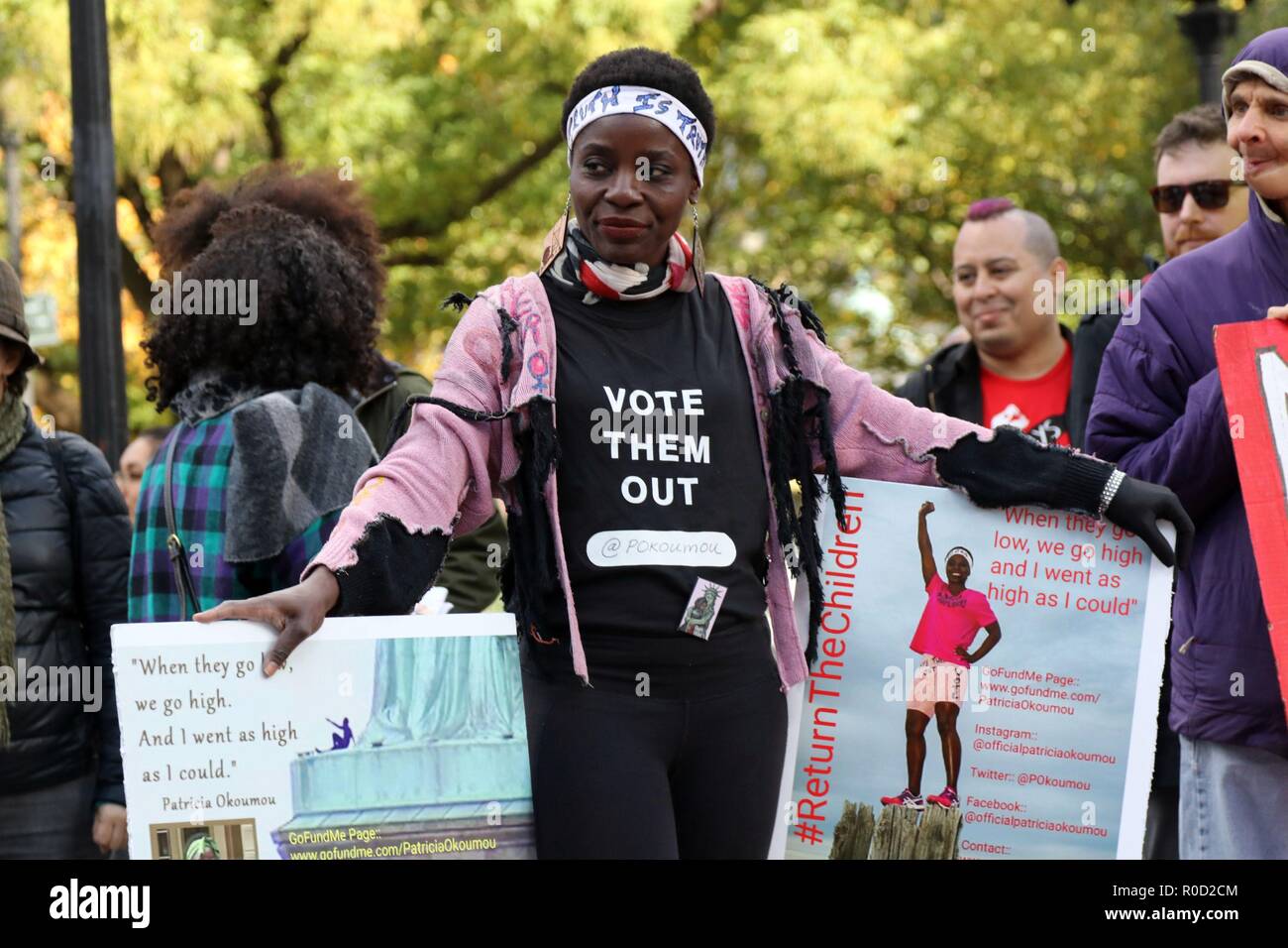 New York City, New York, USA. 3rd Nov, 2018. Statue Of Liberty climber Therese Patricia Okoumou join an activist coalition consisting of twenty-eight (28) organizations rallied at Union Square on 3 November 2018, in solidarity with the Central American migrant caravan traveling toward the US southern border and against bigotry and state violence targeted at all immigrants, and refugees. Credit: G. Ronald Lopez/ZUMA Wire/Alamy Live News Stock Photo