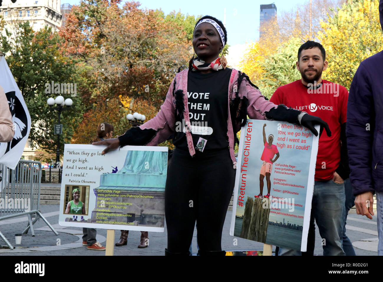 New York City, New York, USA. 3rd Nov, 2018. Statue Of Liberty climber Therese Patricia Okoumou join an activist coalition consisting of twenty-eight (28) organizations rallied at Union Square on 3 November 2018, in solidarity with the Central American migrant caravan traveling toward the US southern border and against bigotry and state violence targeted at all immigrants, and refugees. Credit: G. Ronald Lopez/ZUMA Wire/Alamy Live News Stock Photo