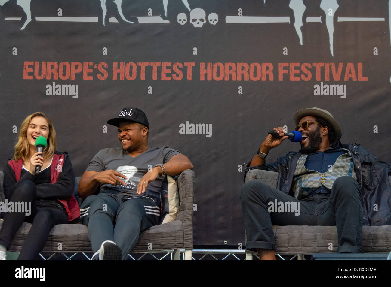 Dortmund, Germany. 3rd November, 2018. Brighton Sharbino, IronE Singleton and Chad L. Coleman at Weekend of Hell 2018, a two day (November 3-4 2018) horror-themed fan convention. Credit: Markus Wissmann/Alamy Live News Stock Photo