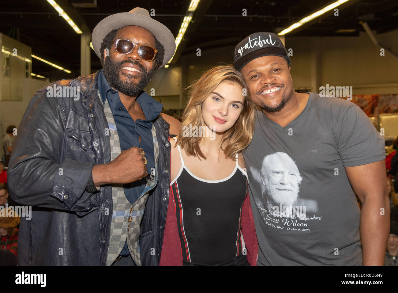Dortmund, Germany. 3rd November, 2018. Chad L. Coleman, Brighton Sharbino and IronE Singleton at Weekend of Hell 2018, a two day (November 3-4 2018) horror-themed fan convention. Credit: Markus Wissmann/Alamy Live News Stock Photo