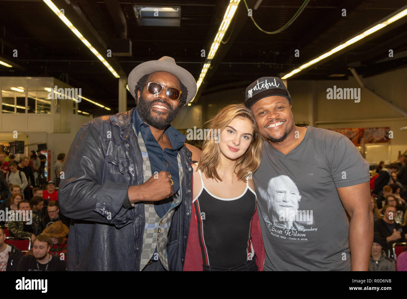 Dortmund, Germany. 3rd November, 2018. Chad L. Coleman, Brighton Sharbino and IronE Singleton at Weekend of Hell 2018, a two day (November 3-4 2018) horror-themed fan convention. Credit: Markus Wissmann/Alamy Live News Stock Photo