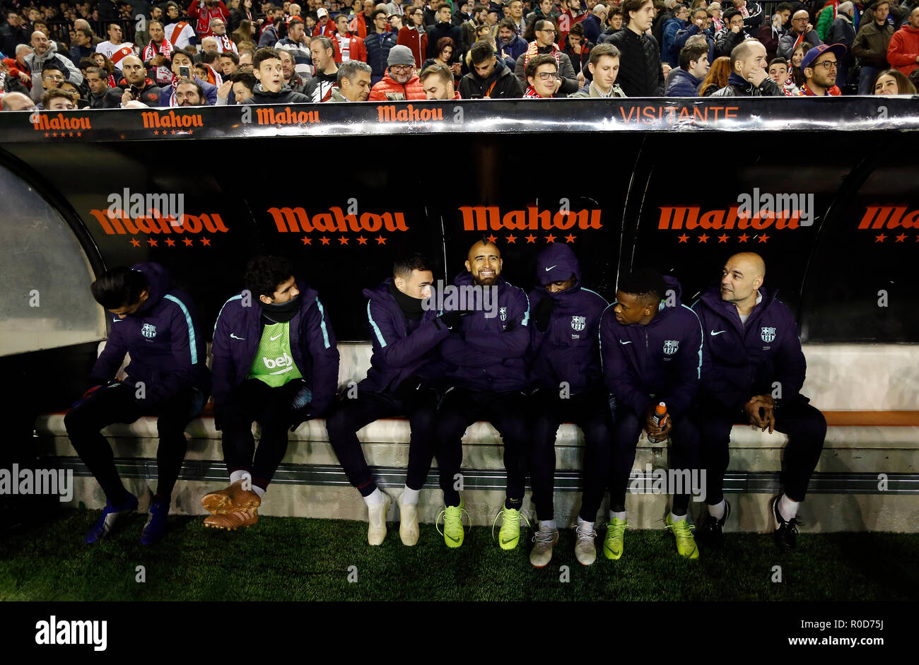 The bench of FC Barcelona before the La Liga match between Rayo Vallecano and FC Barcelona at Estadio Vallecas in Madrid. (Final Score Rayo Vallecano 2 - 3 FC Barcelona) Stock Photo