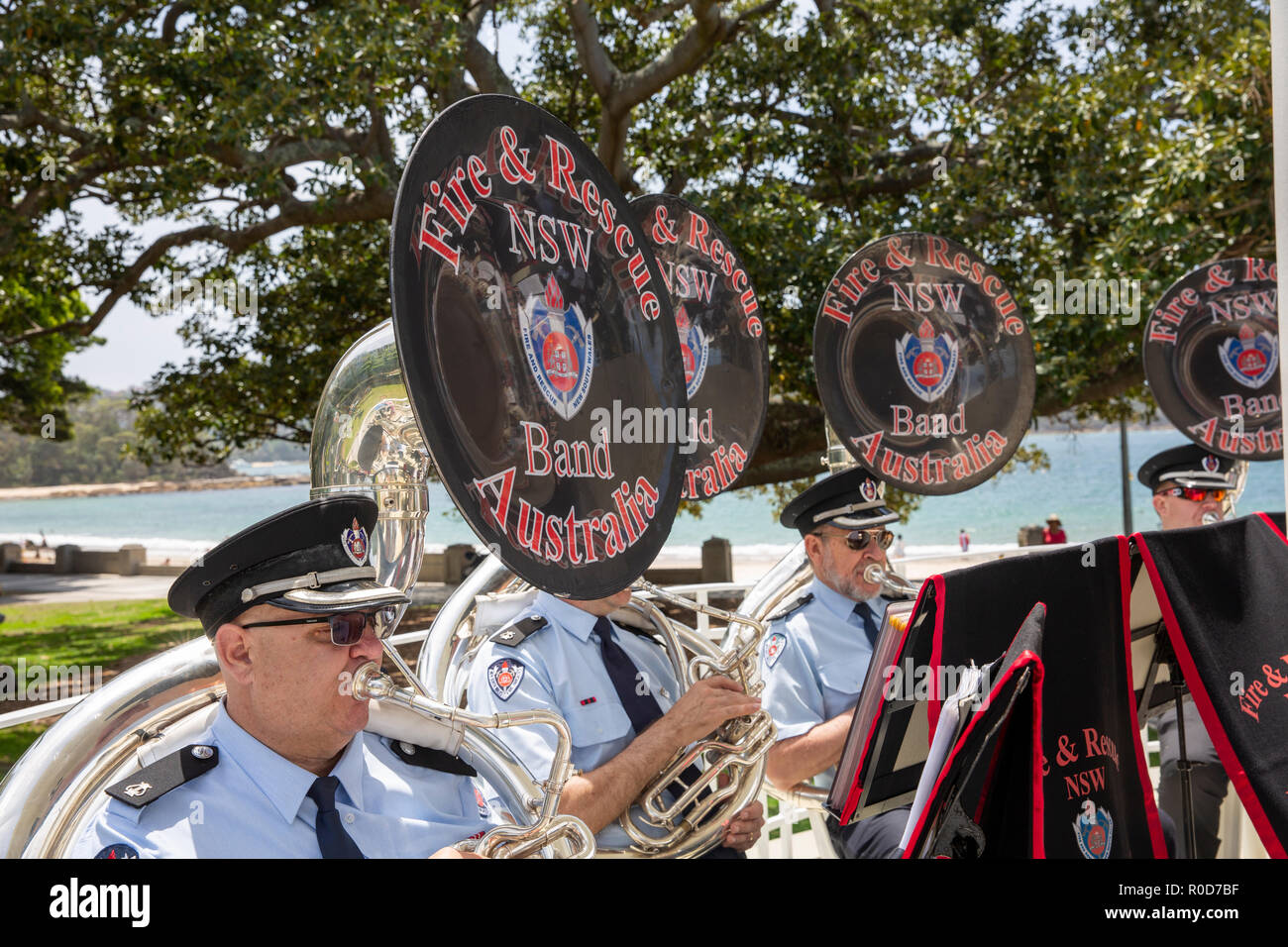 Sydney, Australia. 4th November, 2018. Balmoral Beach, NSW Fire and Rescue Band and Marching team perform at the rotunda in Balmoral Reserve, on Sunday 4th November 2018, Balmoral beach Sydney,Australia Credit: martin berry/Alamy Live News Stock Photo