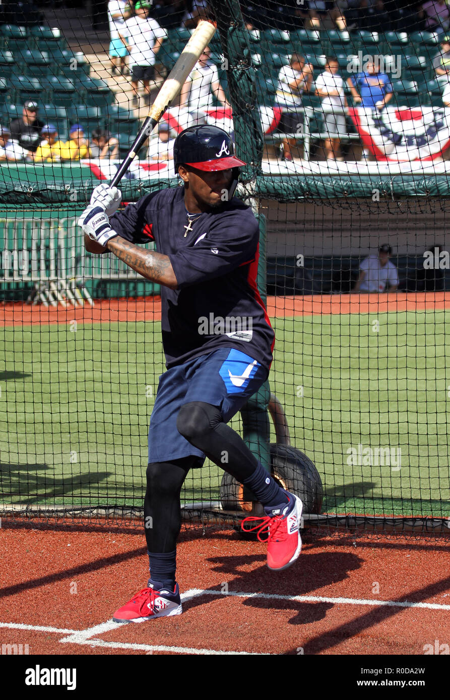 November 3, 2018 - Atlanta Braves Ronald AcuÃ±a Jr. takes batting practice  during a warm up workout session at Les Murakami Stadium on the campus of  the University of Hawaii at Manoa