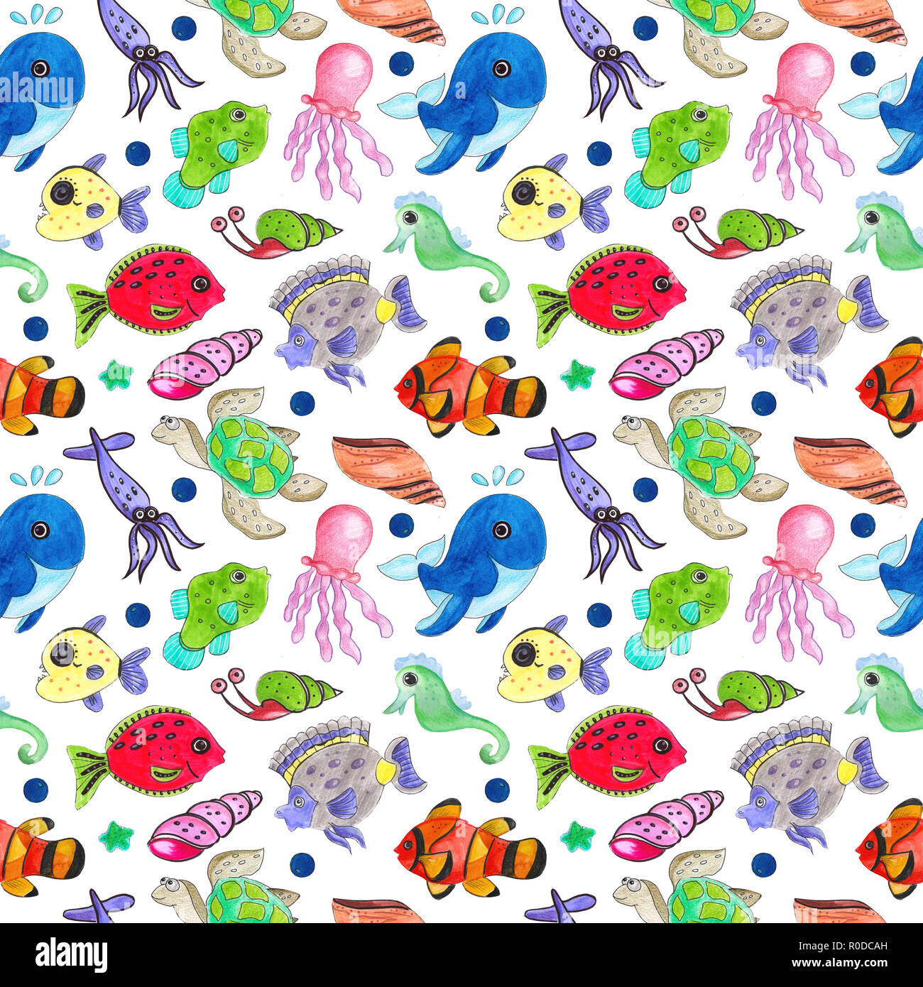 Raster seamless pattern painted by watercolor sea creatures on a ...