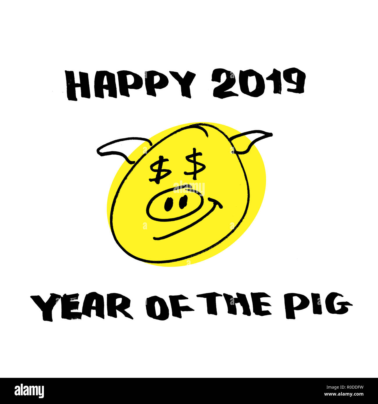 Happy 2019 year of the yellow pig - cheerful pig muzzle with greetings Stock Photo