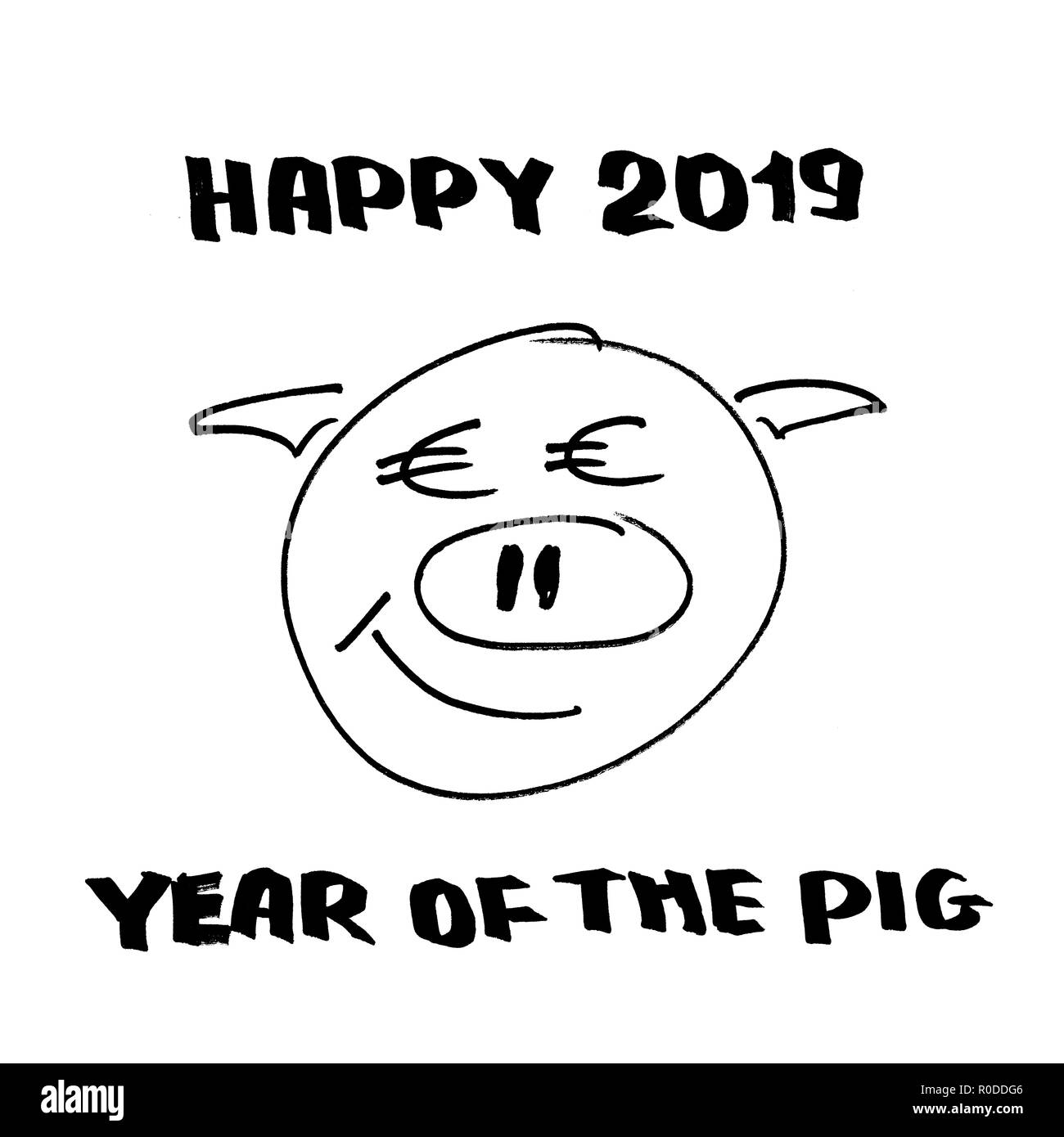 Happy 2019 year of the pig - cheerful pig muzzle with greetings Stock Photo