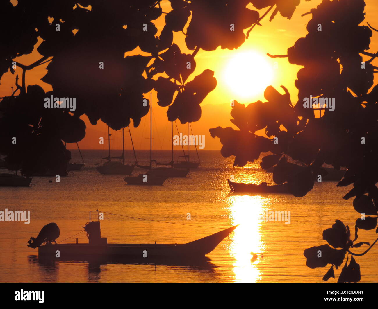 boats over sunset in the beach Stock Photo - Alamy