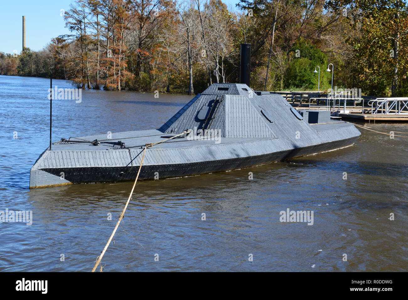 A 3/8 scale replica of the Confederate ironclad gunboat CSS Albemarle, located along the Roanoke River in Plymouth North Carolina. Stock Photo