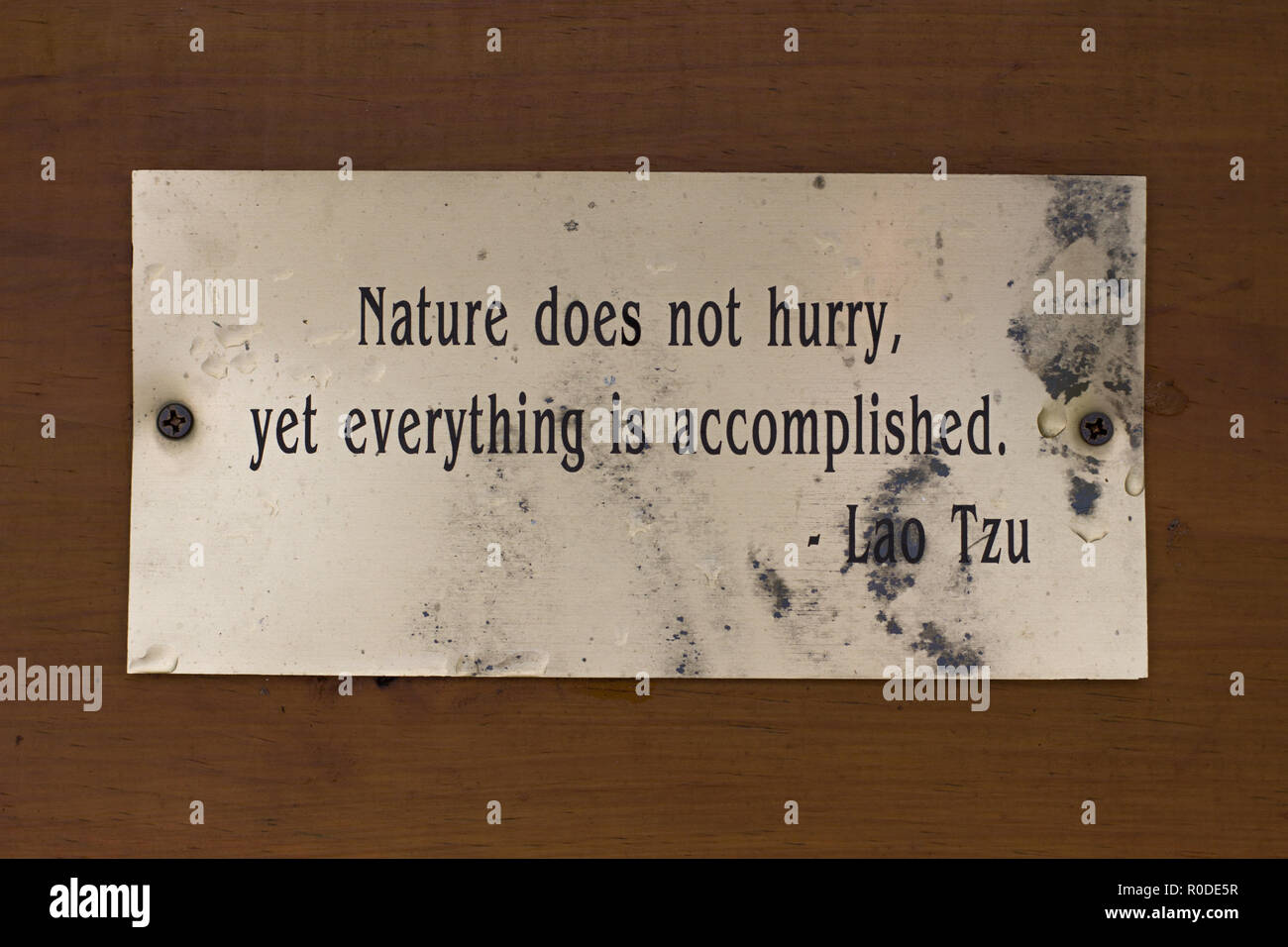 Nature does not hurry, yet everything is accomplished -- quote by ancient Chinese philosopher Lazoi / Lao Tzu / Lao Tze on a metal plaque Stock Photo