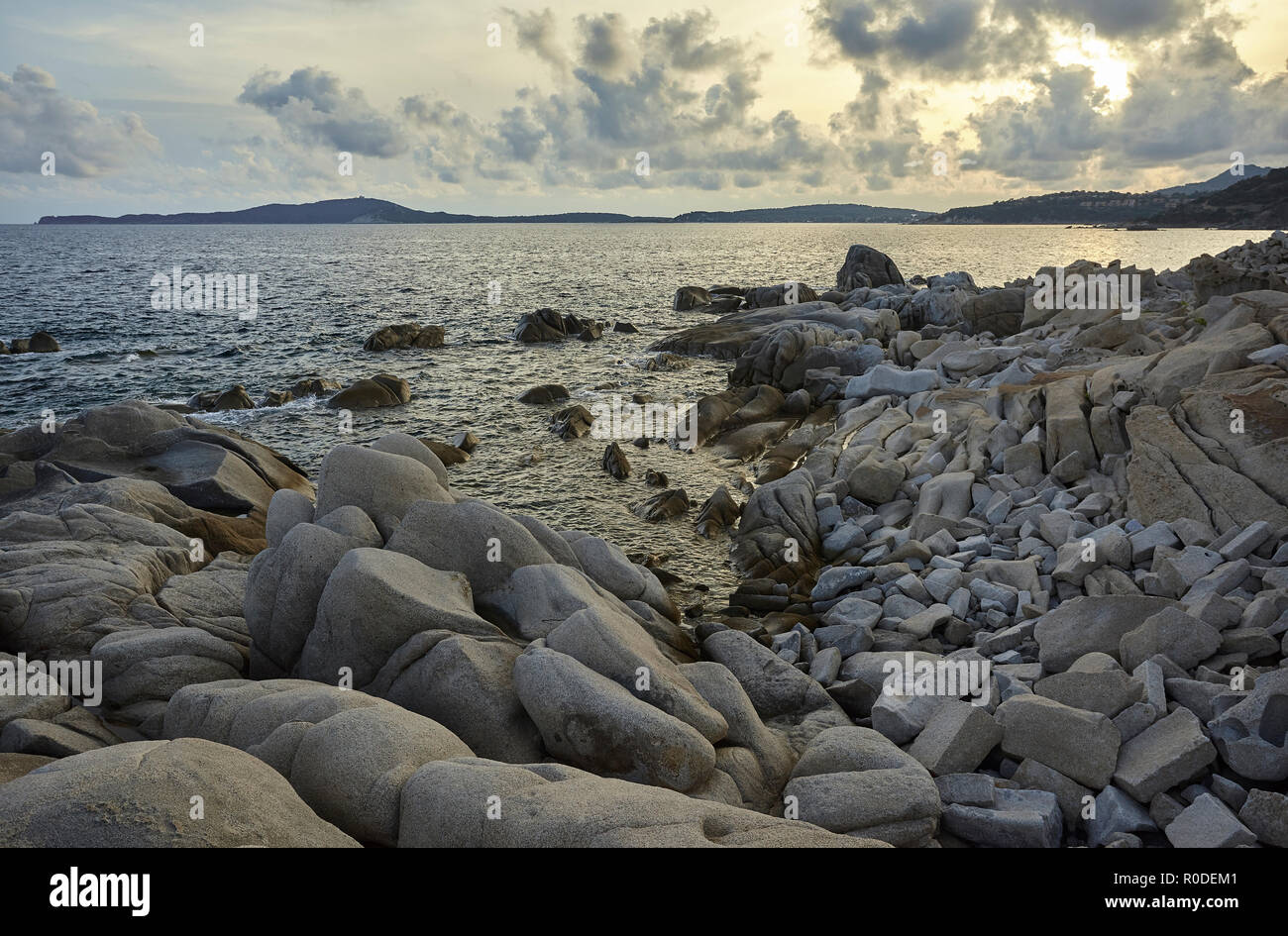 Beautiful southern coast of Sardinia made of stones and granite rocks ...