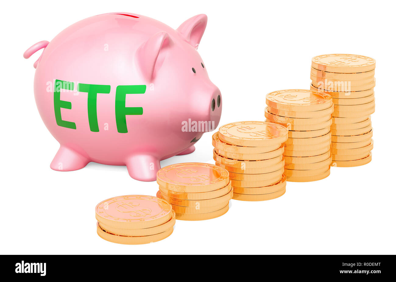 Piggy bank with golden coins. An exchange-traded fund (ETF) concept, 3D rendering isolated on white background Stock Photo