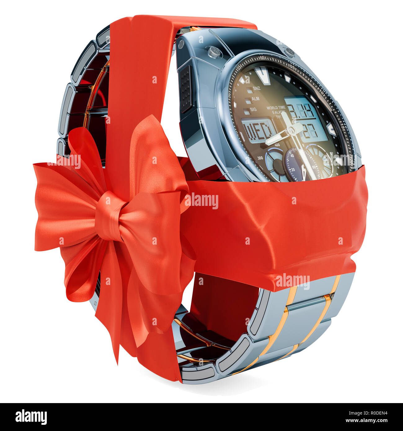 Gift concept, men's analog digital wrist watch with ribbon and bow