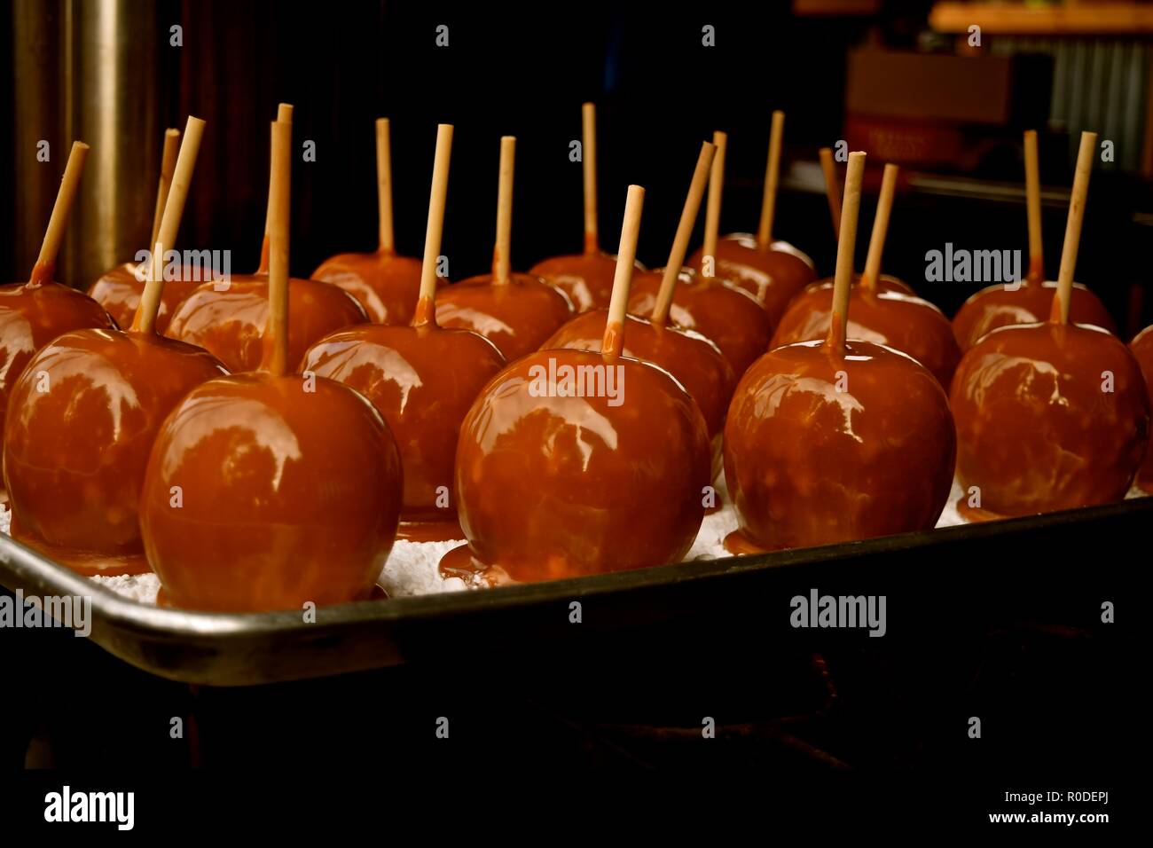 Autumn fresh picked Washington apples dipped in hot caramel making a delicious mouthwatering treat. Located in a farm in Snohomish, Washington, USA. Stock Photo