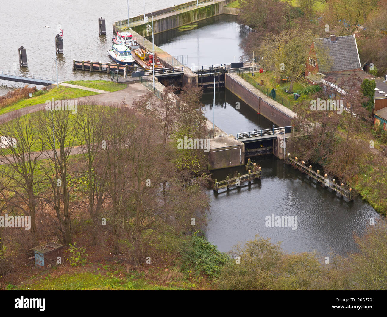Dutch lock chamber system seen from above Stock Photo