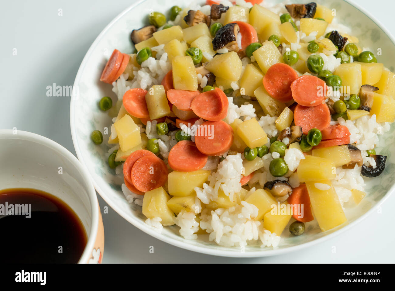 Egg Fried rice with wood grain background Stock Photo