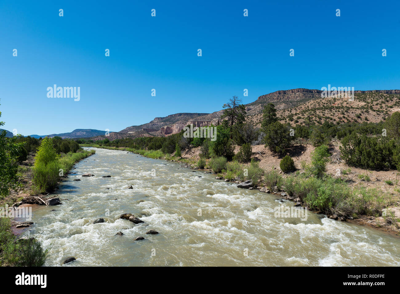 Chama River near Abiquiú, New Mexico is a Tourist and Rafting Destination with Rapids. Stock Photo