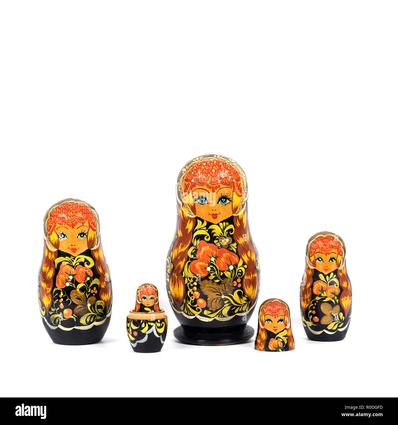 Closeup Matryoshka Russian Dolls Isolated on White Background Stock