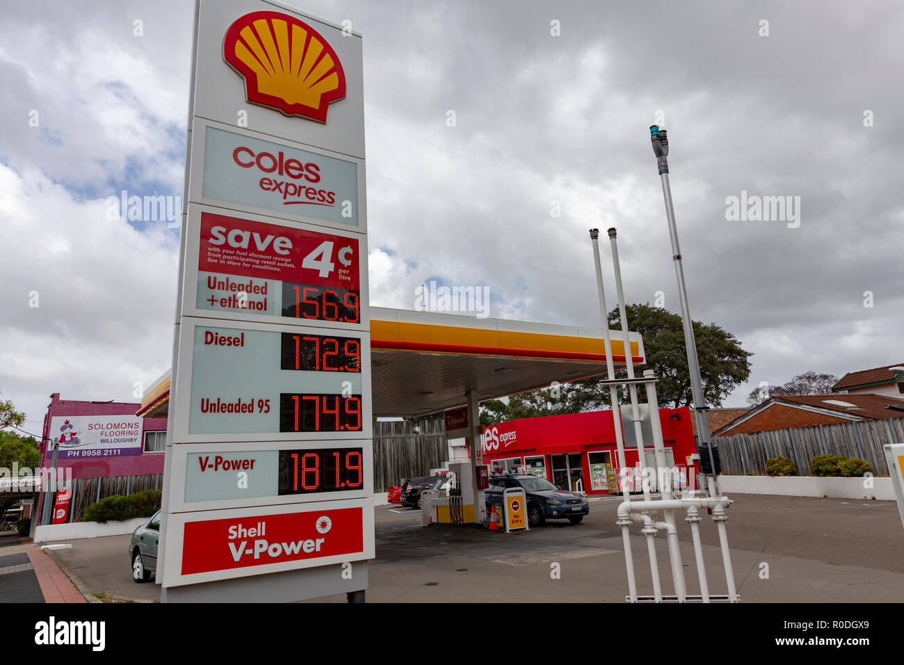 Shell and Coles express operated fuel petrol station in Sydney,Australia displaying fuel prices in november 2018 Stock Photo