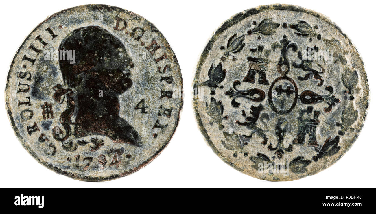 Ancient Spanish copper coin of the King Carlos IV. 1794. Coined in Segovia. 4 Maravedis. Stock Photo