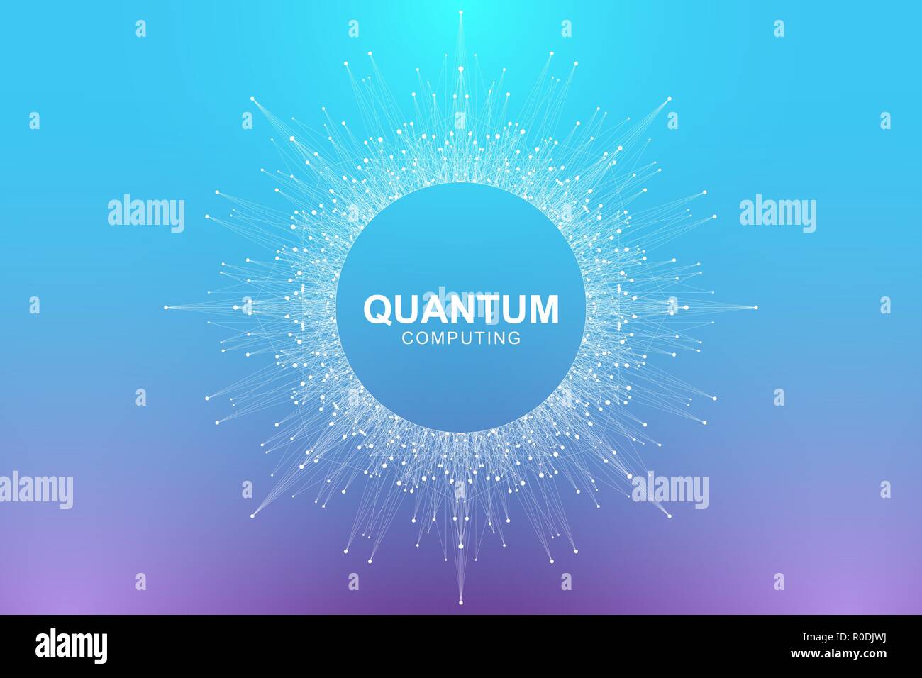 Quantum computer technology concept. Deep learning artificial intelligence. Big data algorithms visualization for business, science, technology. Waves flow, dots, lines. Quantum vector illustration Stock Vector