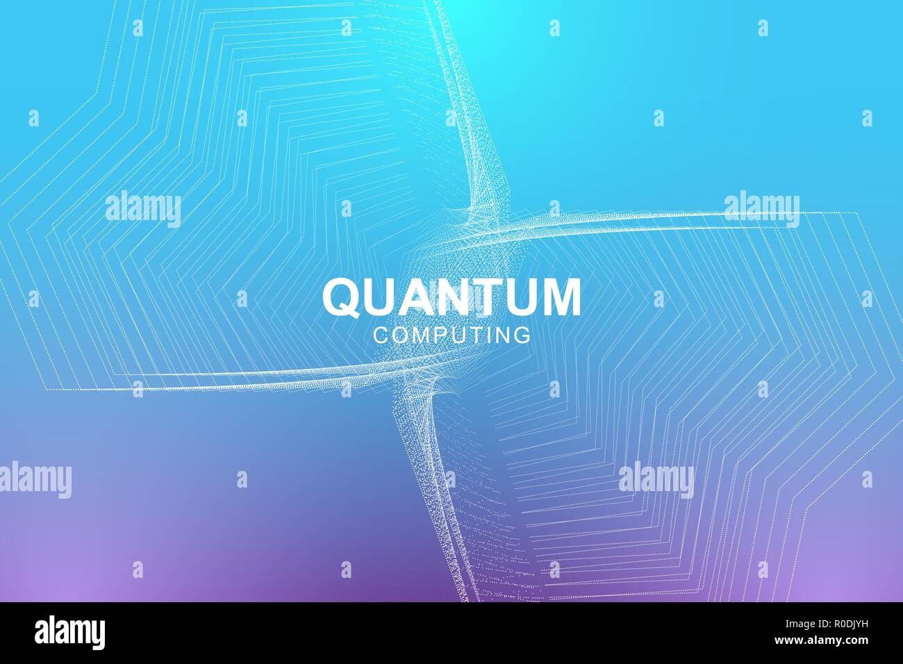 Quantum computer technology concept. Deep learning artificial intelligence. Big data algorithms visualization for business, science, technology. Waves flow, dots, lines. Quantum vector illustration Stock Vector