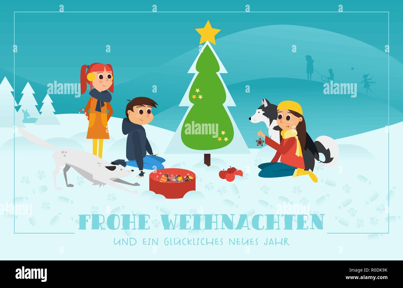 Christmas Greeting Card: Children with Dogs Decorating the Chrismas Tree in Snowy Landscape. Stock Vector