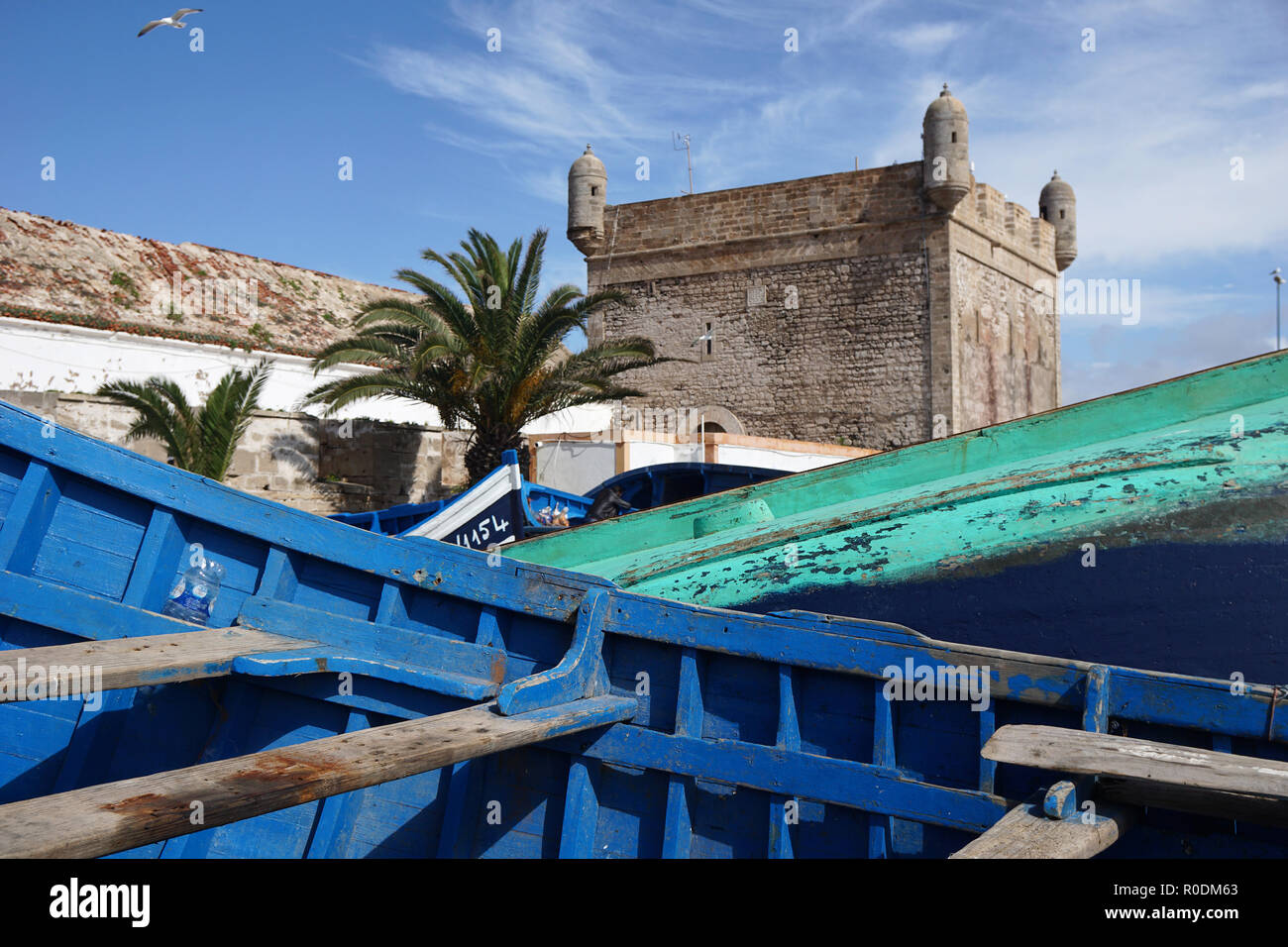 Blue wooden fishing boats in Essaouira harbour, Essaouira, Morocco, Africa Stock Photo