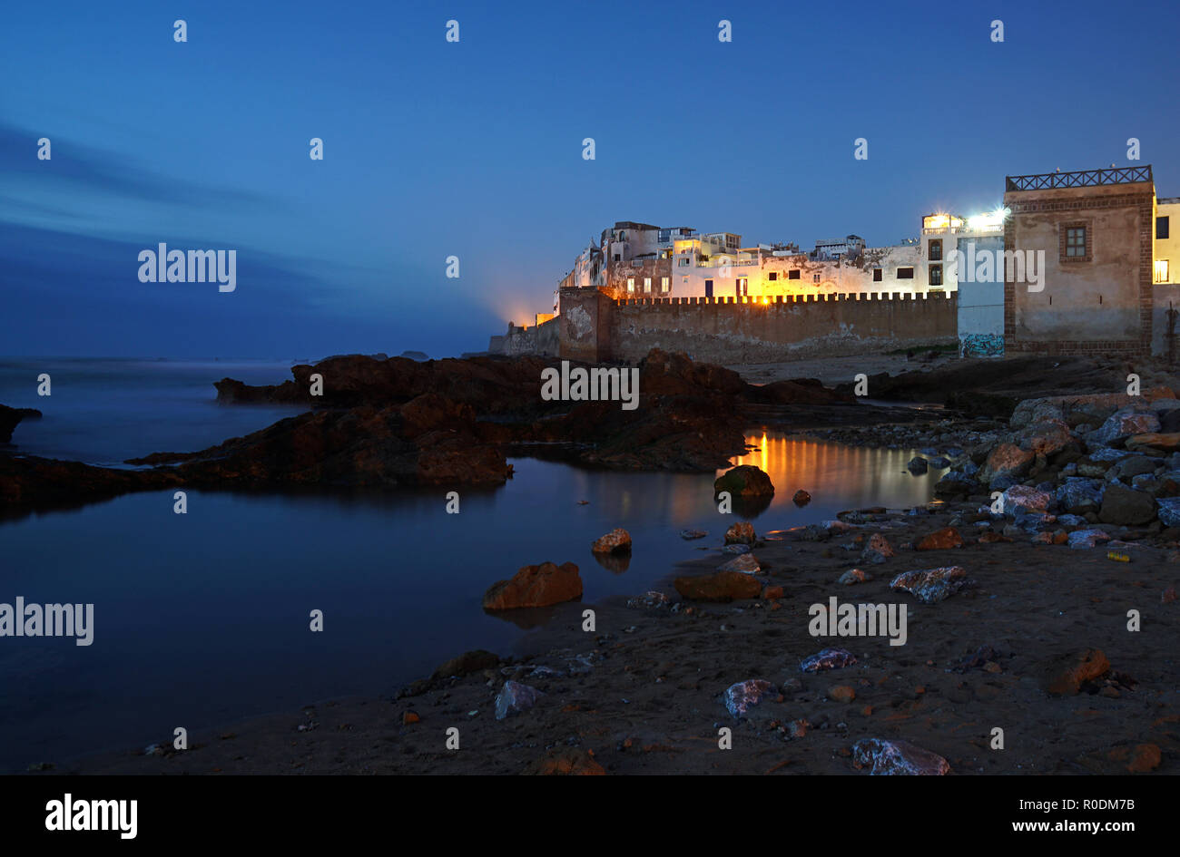 View on the medina of Essaouira at the blue hour, Morocco. Stock Photo