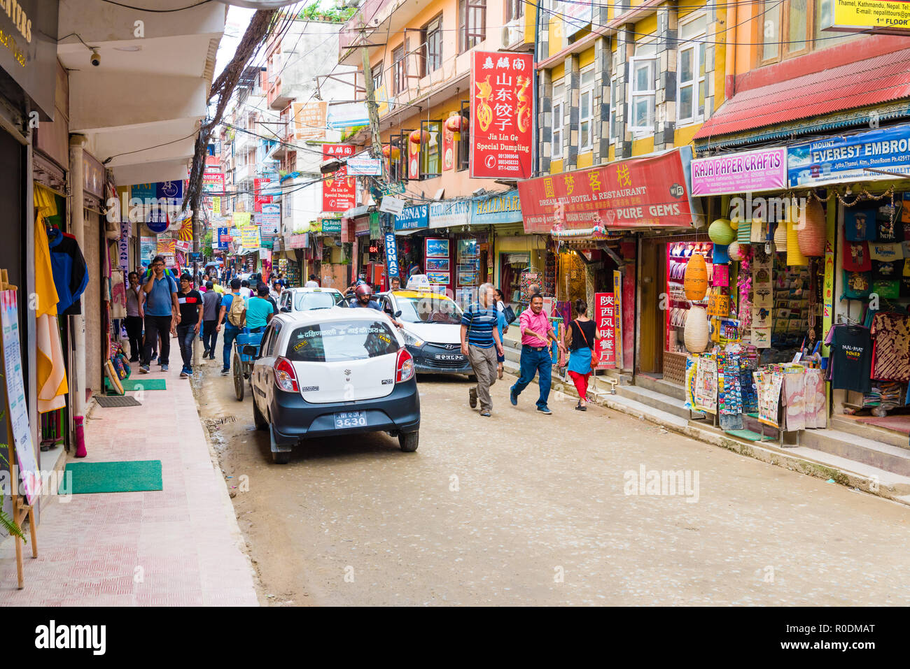 Thamel, Kathmandu, Nepal - August 2, 2018 : Street view in Thamel district, known as the centre of the tourist industry in Kathmandu Stock Photo