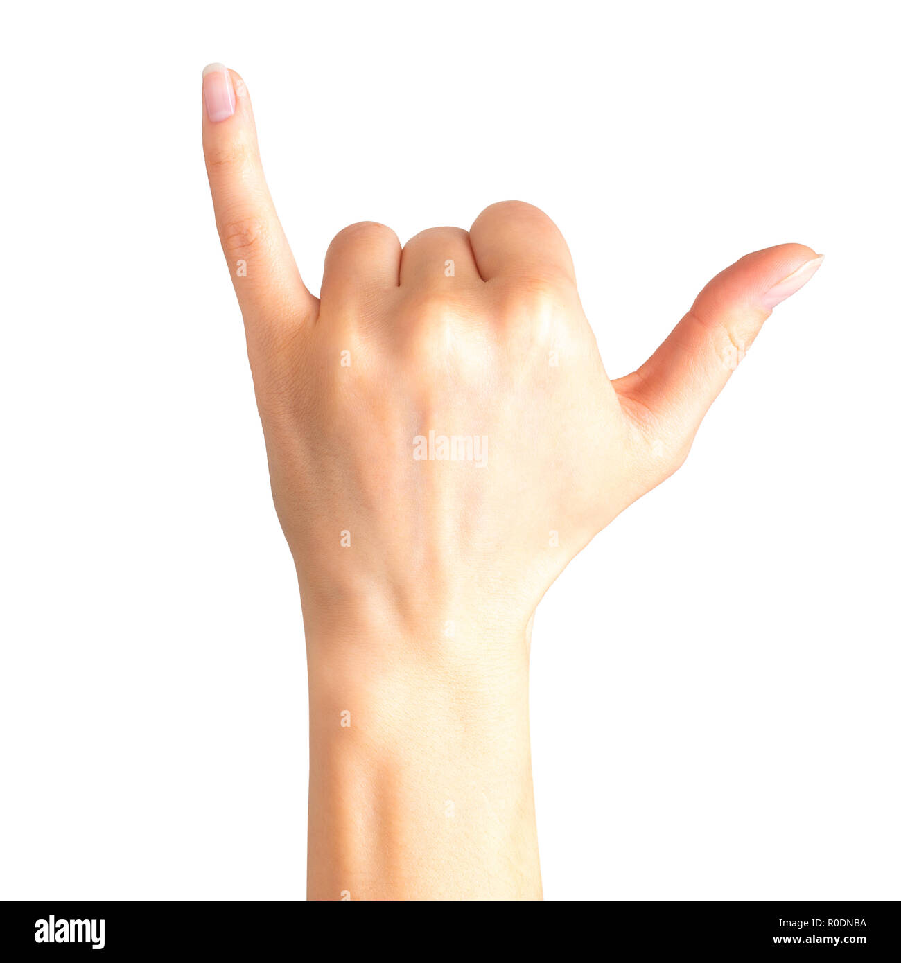 Female hand showing Shaka or surfer sign Stock Photo