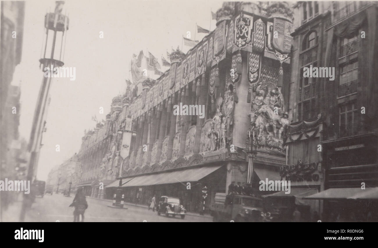 Vintage 1937 Photograph of Selfridges Department Store in London. Adorned With Coronation Decorations. Stock Photo