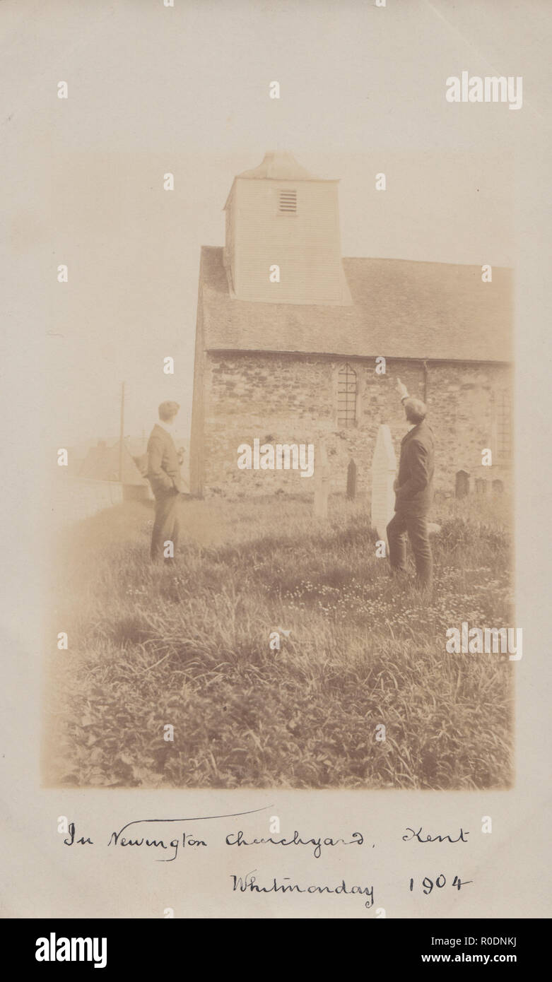 Vintage Photographic Postcard of Men Stood in Newington Churchyard, Kent on Whit Monday 1904 Stock Photo