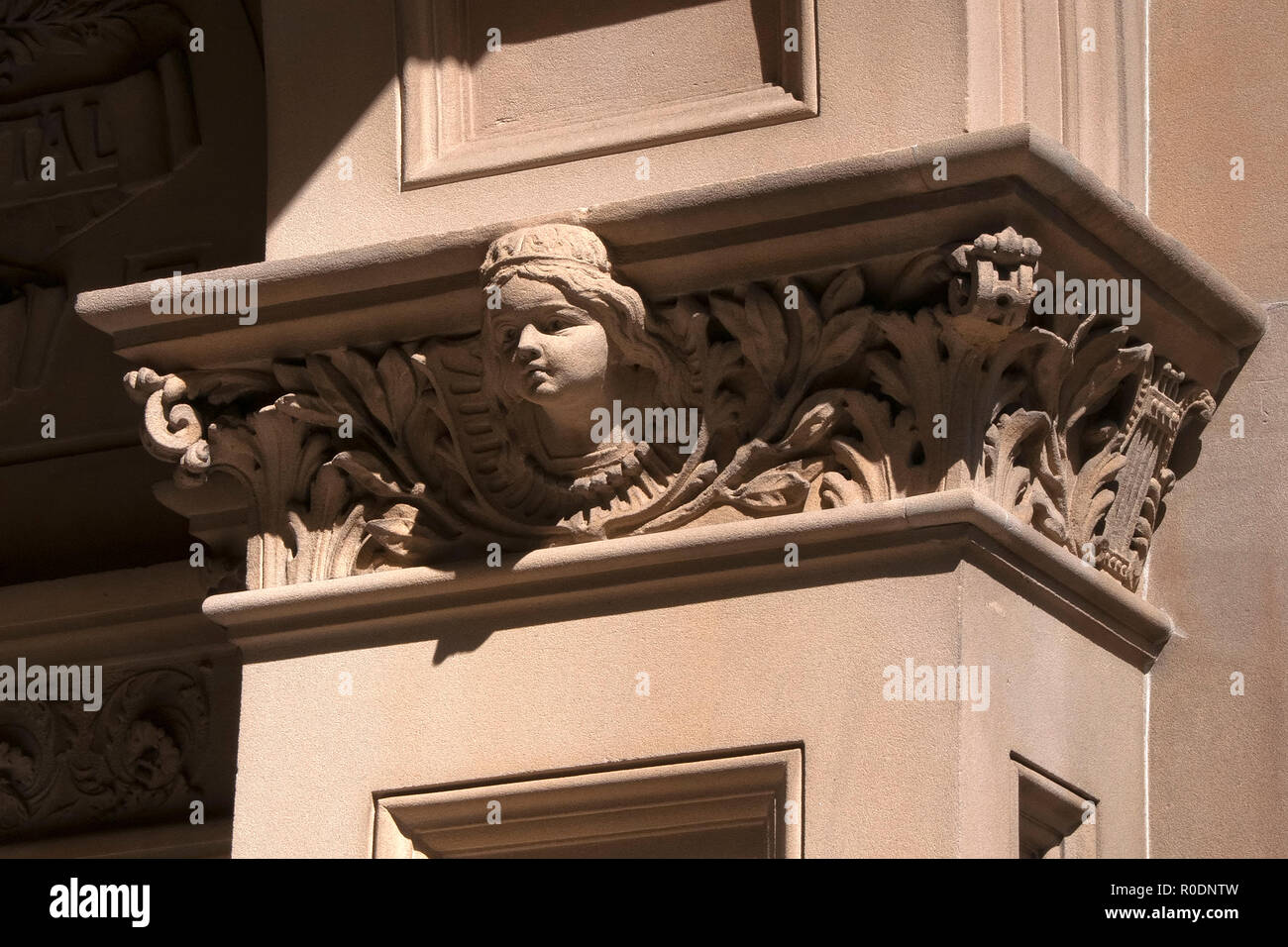 Sydney Australia, Sydney Hospital entrance, sandstone decoration of an angel or girl Stock Photo