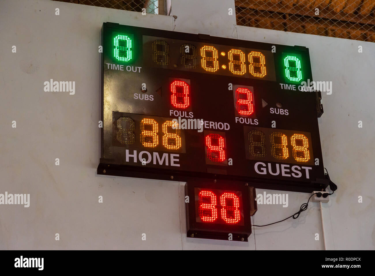 Sport scoreboard showing game result at a local sport arena Stock Photo