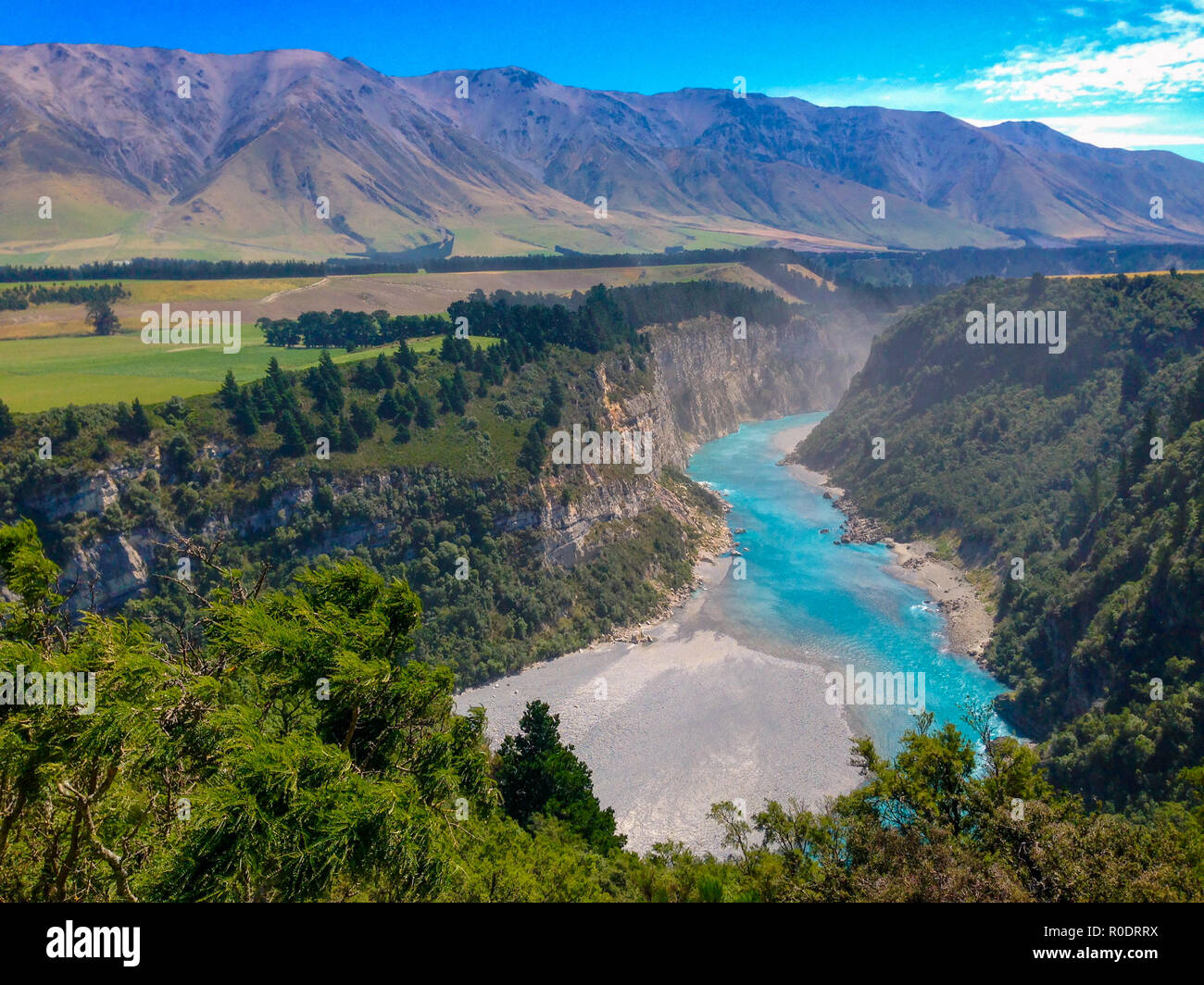 picturesque Rakaia Gorge and Rakaia River on the South Island of New Zealand Stock Photo
