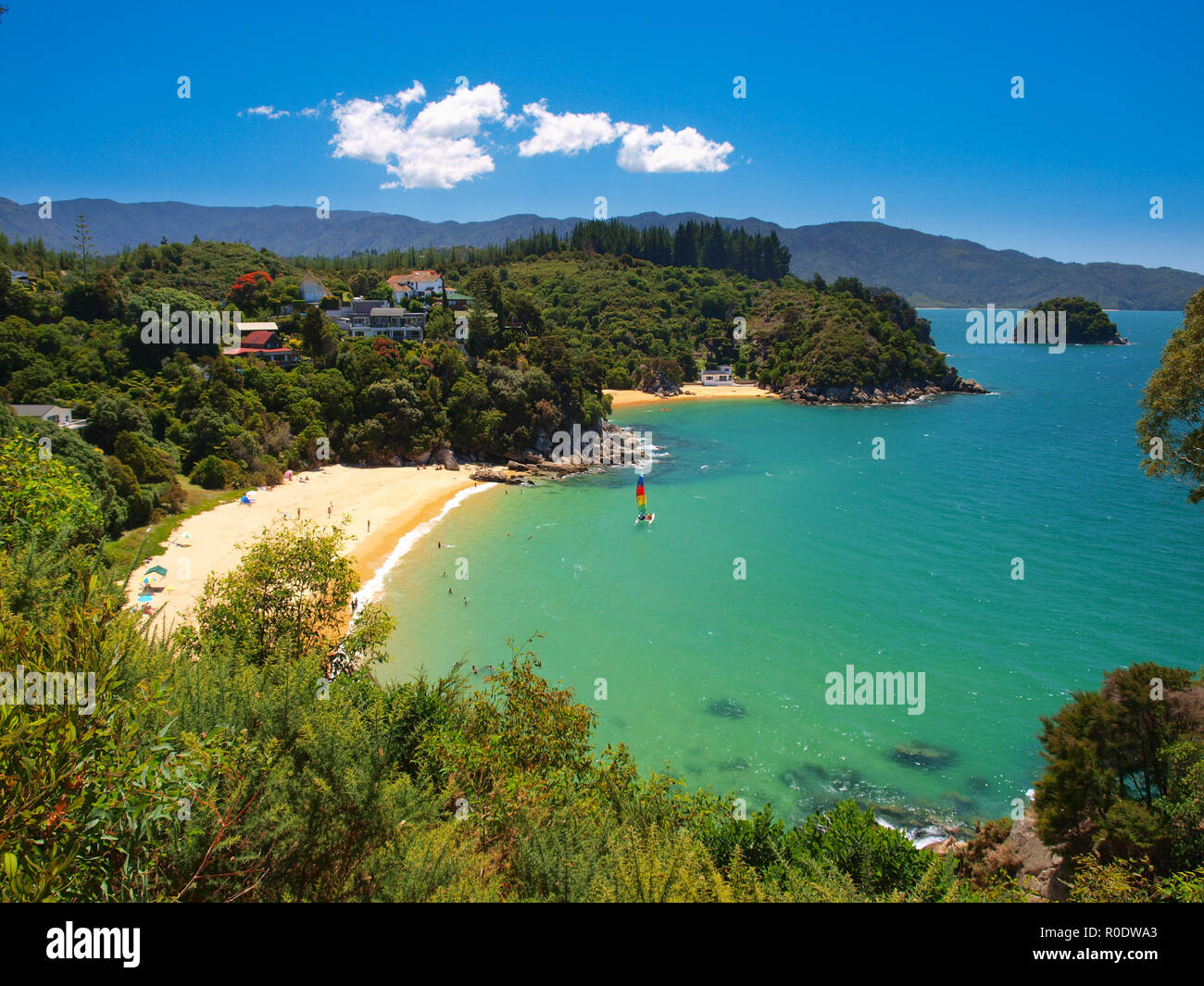 Aerial view of a Beautiful Bay with Sandy Beach near Nelson, New