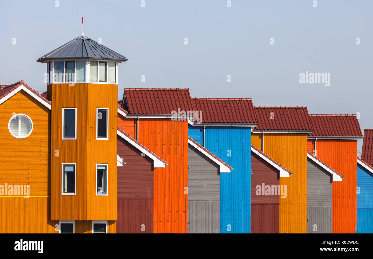 Wooden Houses in various Colors in Groningen, Netherlands Stock Photo