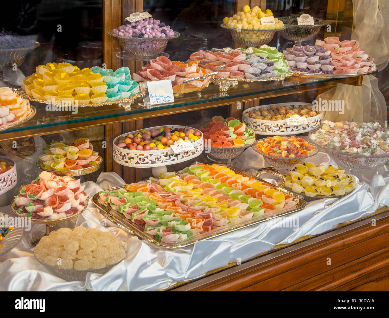 Show Case of a Patisserie with Pastry on Display Stock Photo