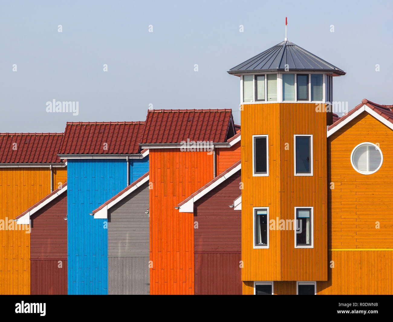 Wooden Houses in various Colors in Groningen, Netherlands Stock Photo
