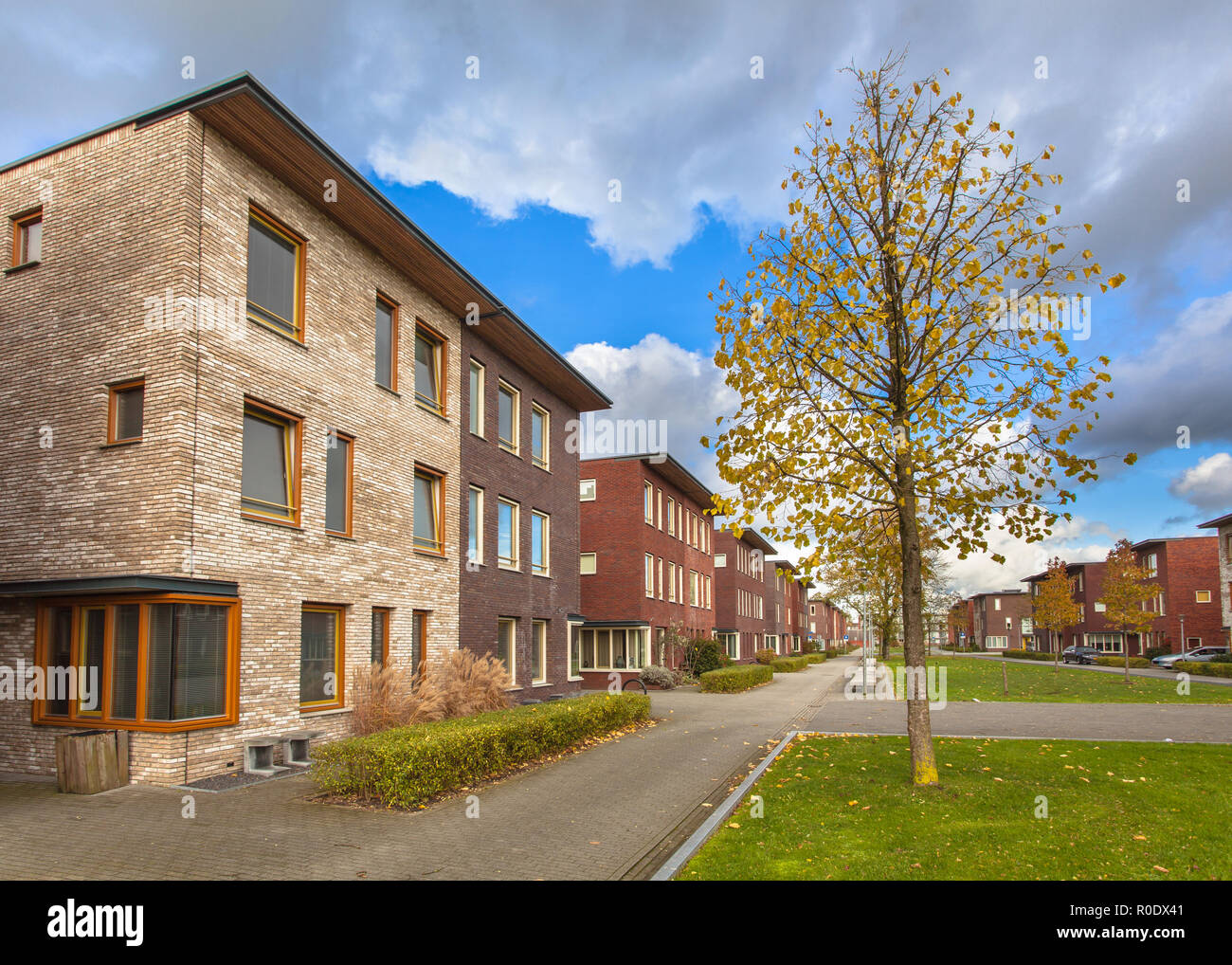 Large Modern Middle Class Terraced Houses in a Spacious Suburban Area Stock Photo