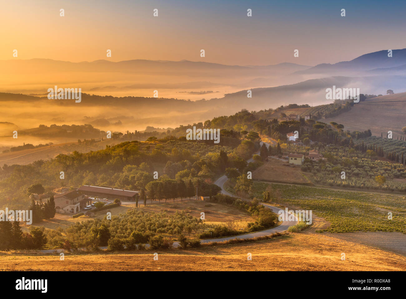 Tuscany Village Landscape near Florence on a Foggy Morning, Italy Stock ...