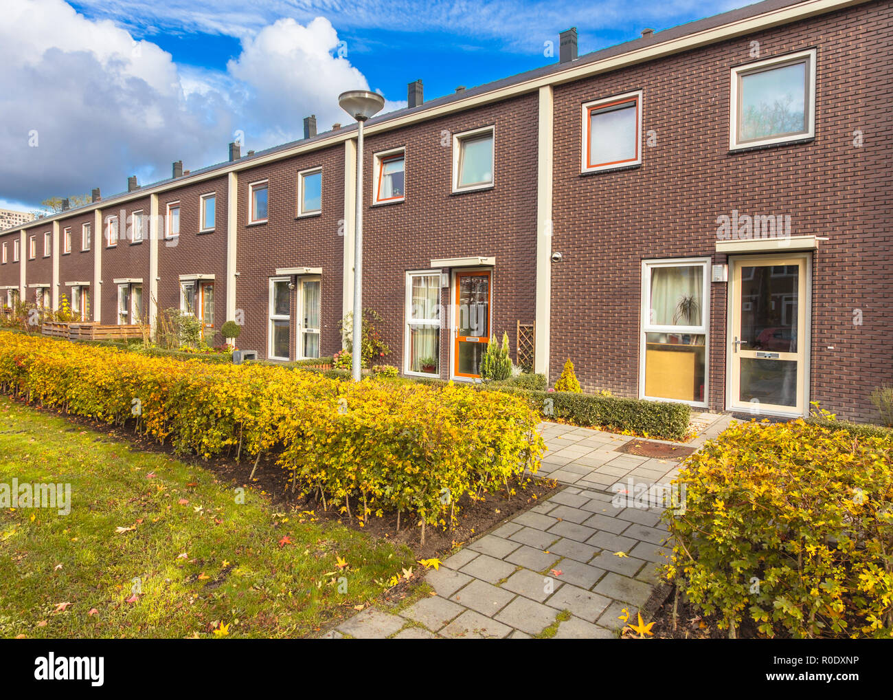 New Small Suburban Neighborhood Terraced Houses in Europe Stock Photo