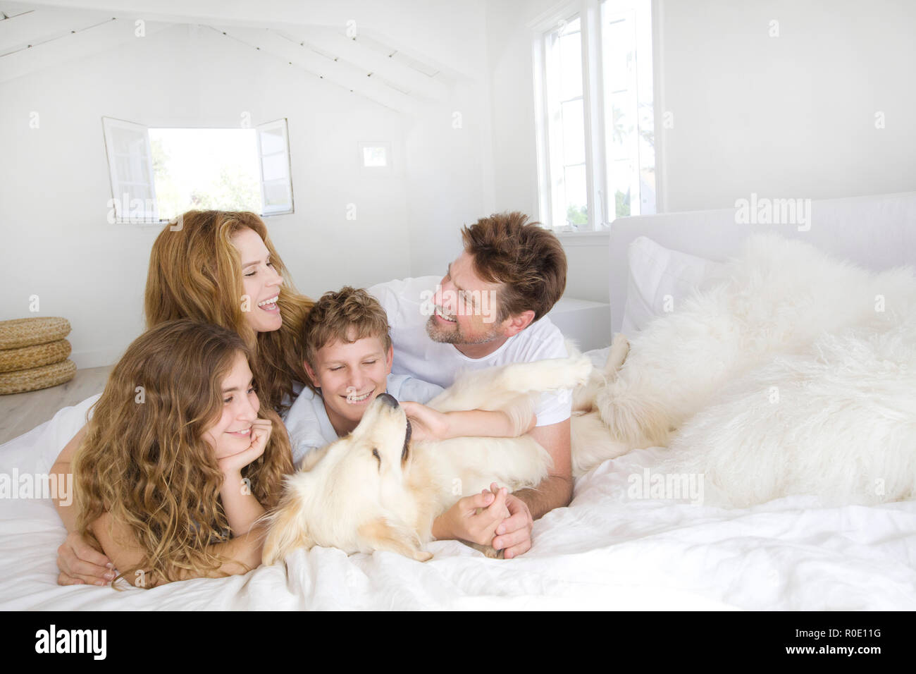Happy Family Laying on Bed with Pet Dog Stock Photo