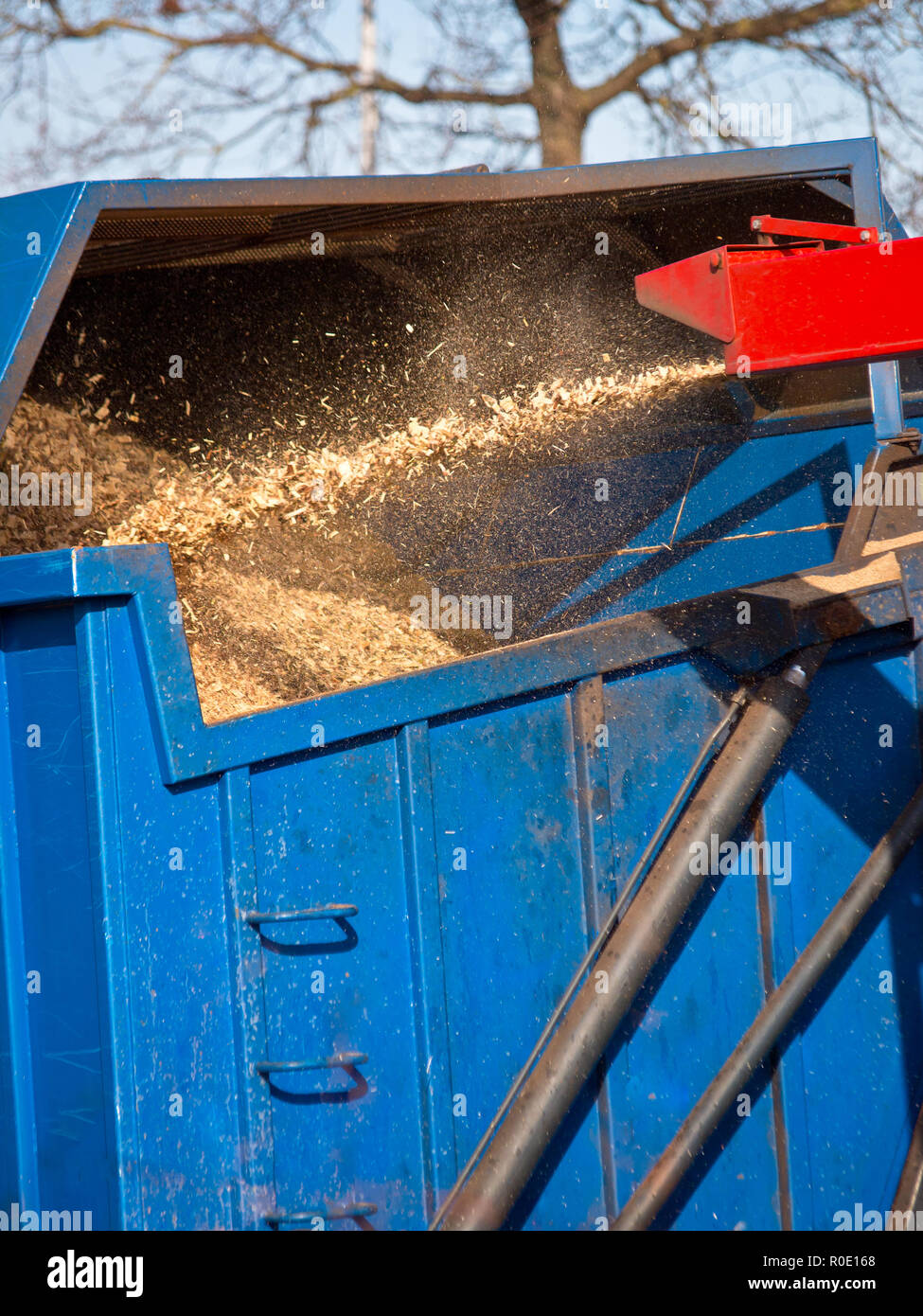 Wood Chipper Machine Filling Back Of Truck With Mulch Stock Photo Alamy