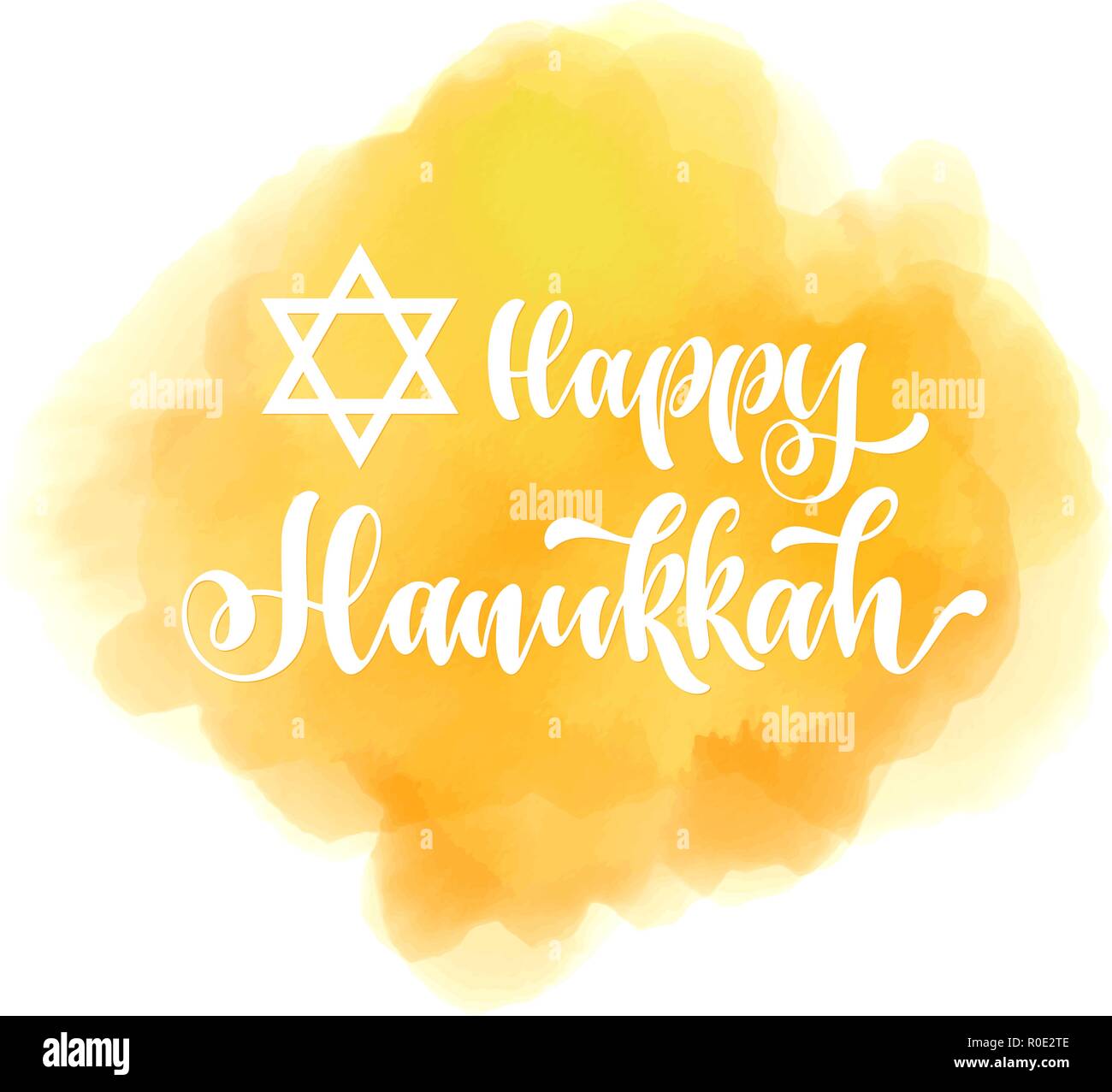 Happy hanukkah hand drawn lettering, dreidels and jewish stars