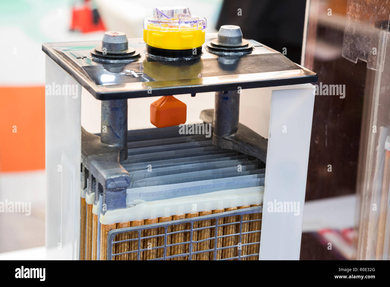inside or cross section of industrial battery ; detail component parts